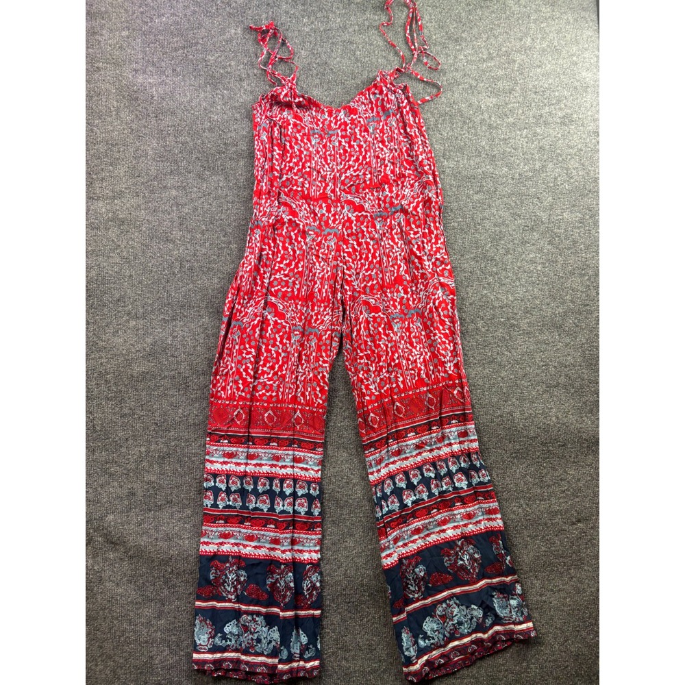Gypsy By The Sea Jumpsuit Women Size S Red Boho Floral Wide Leg Tie Strap